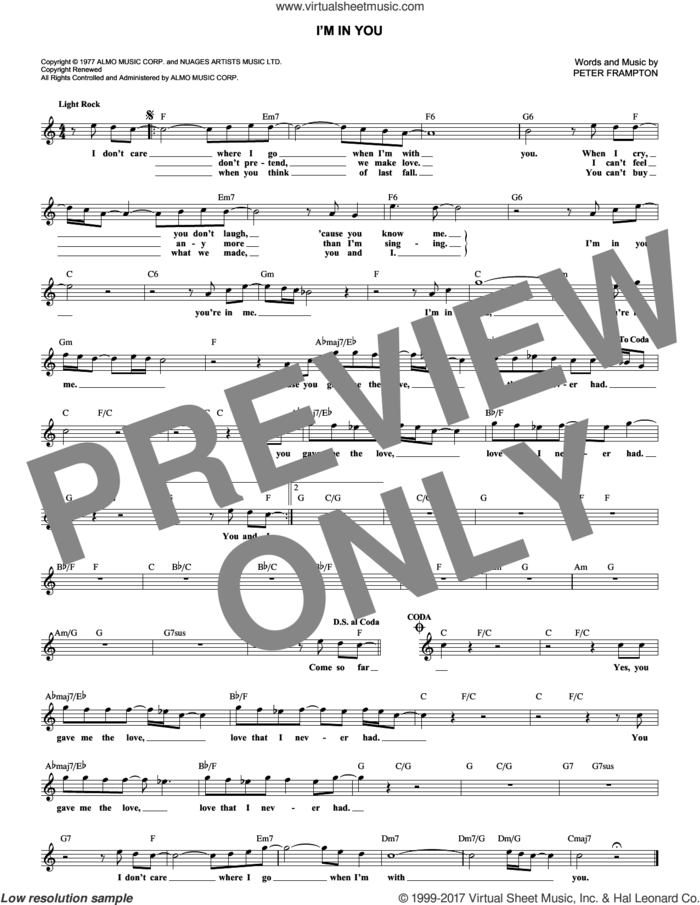 I'm In You sheet music for voice and other instruments (fake book) by Peter Frampton, intermediate skill level