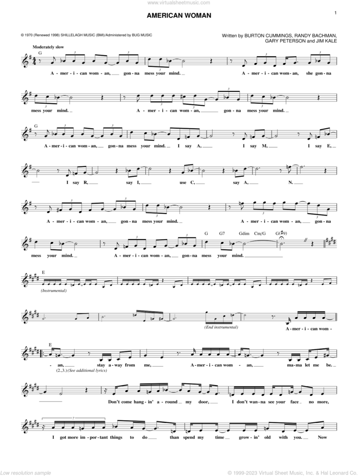 American Woman sheet music for voice and other instruments (fake book) by The Guess Who, Lenny Kravitz, Burton Cummings, Garry Peterson, Jim Kale and Randy Bachman, intermediate skill level
