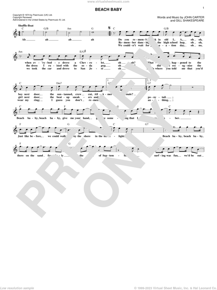 Beach Baby sheet music for voice and other instruments (fake book) by The First Class, Gill Shakespeare and John Carter, intermediate skill level