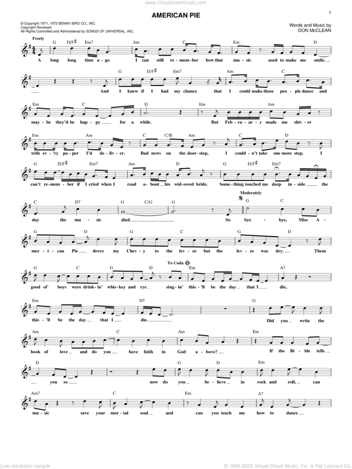 American Pie sheet music for voice and other instruments (fake book) by Don McLean, intermediate skill level