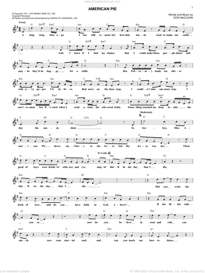 Download Don McLean 'American Pie' Sheet Music, Chords & Lyrics