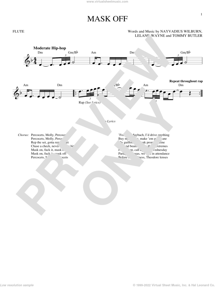 Mask Off sheet music for flute solo by Future, Leland Wayne, Nayvadius Wilburn and Tommy Butler, intermediate skill level