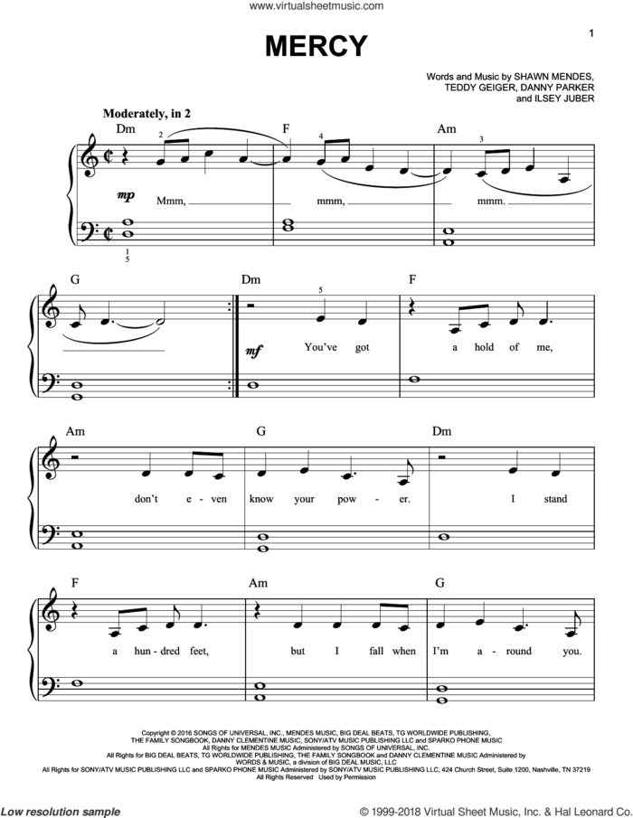 Mercy sheet music for piano solo by Shawn Mendes, Danny Parker, Ilsey Juber and Teddy Geiger, beginner skill level