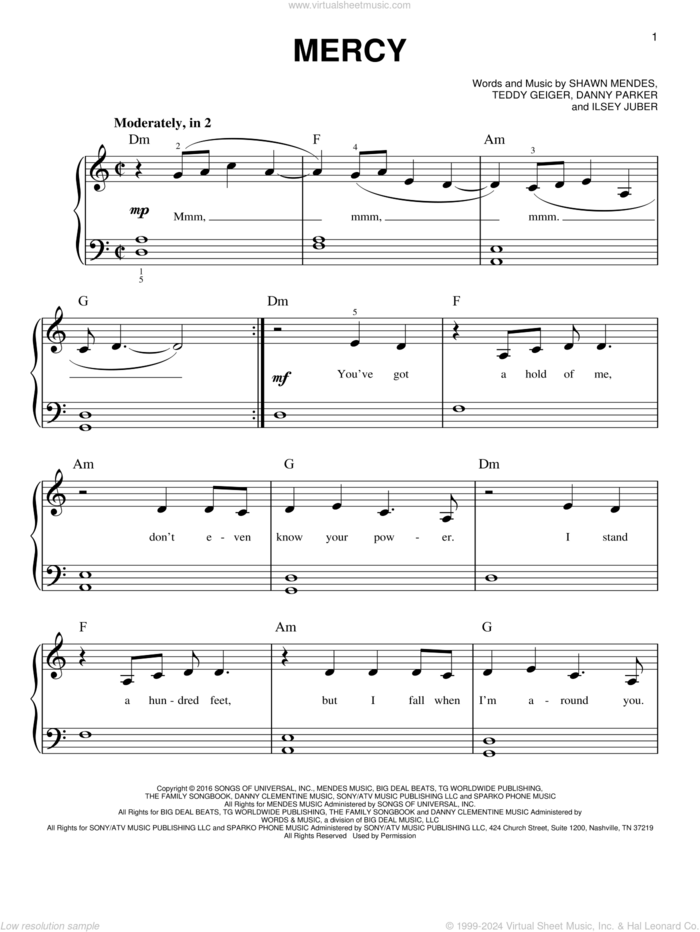 Mercy, (beginner) sheet music for piano solo by Shawn Mendes, Danny Parker, Ilsey Juber and Teddy Geiger, beginner skill level