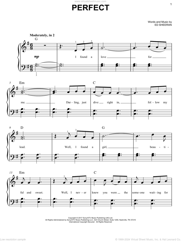 Perfect, (beginner) sheet music for piano solo by Ed Sheeran, beginner skill level
