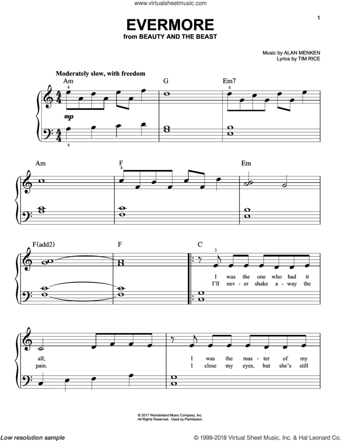 Evermore (from Beauty And The Beast), (beginner) sheet music for piano solo by Josh Groban, Alan Menken and Tim Rice, beginner skill level
