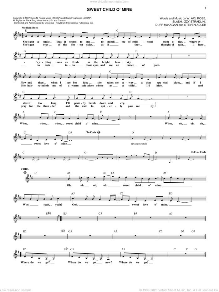 Sweet Child O' Mine sheet music for voice and other instruments (fake book) by Guns N' Roses, Axl Rose, Duff McKagan, Slash and Steven Adler, intermediate skill level