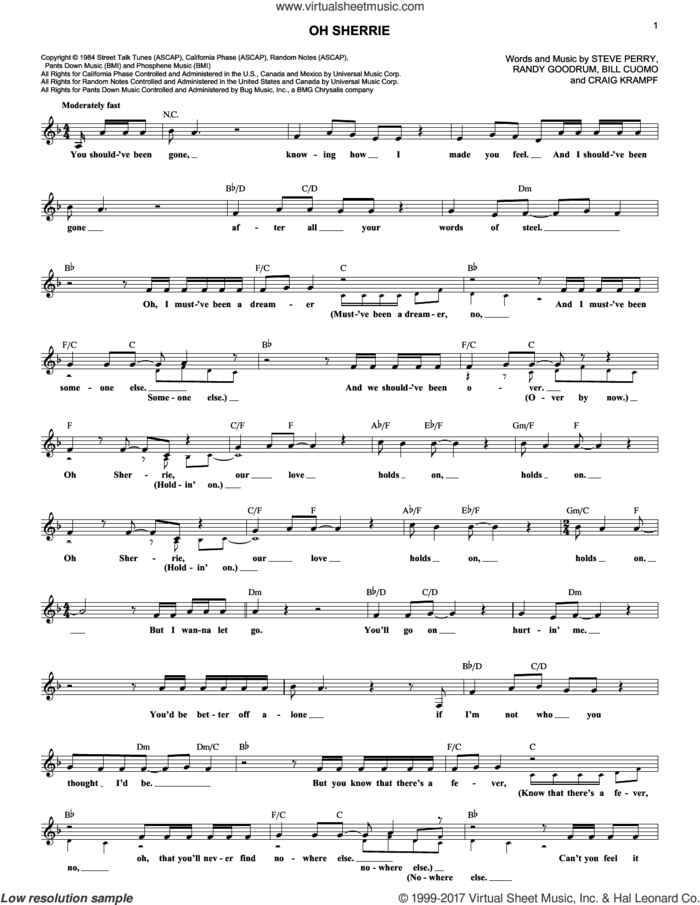 Oh Sherrie sheet music for voice and other instruments (fake book) by Steve Perry, Bill Cuomo, Craig Krampf and Randy Goodrum, intermediate skill level