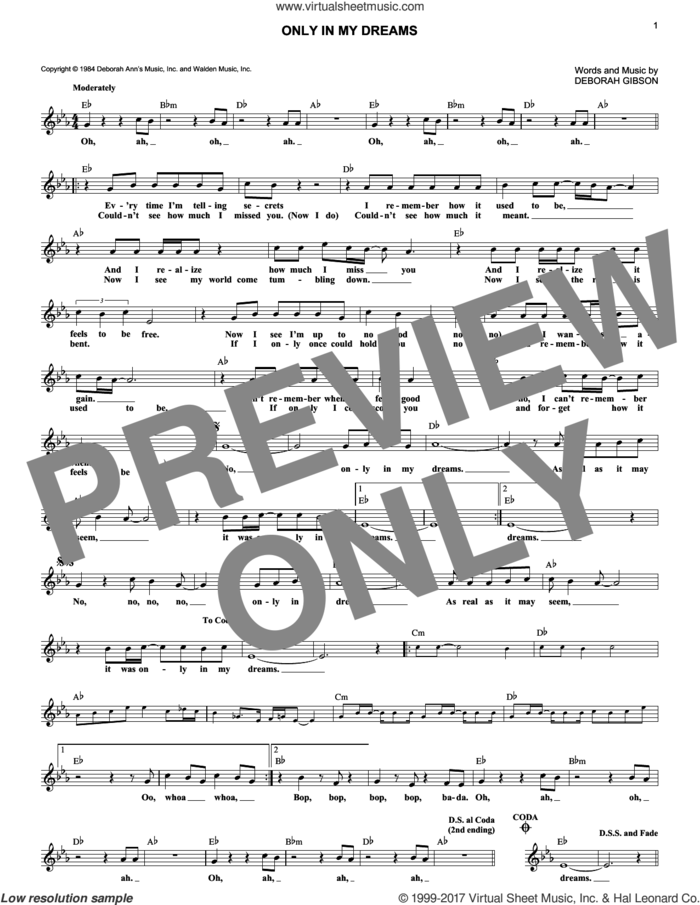 Only In My Dreams sheet music for voice and other instruments (fake book) by Debbie Gibson and Deborah Gibson, intermediate skill level