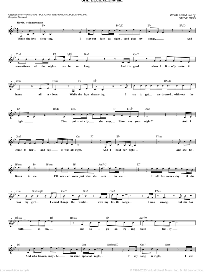 She Believes In Me sheet music for voice and other instruments (fake book) by Kenny Rogers and Steve Gibb, intermediate skill level