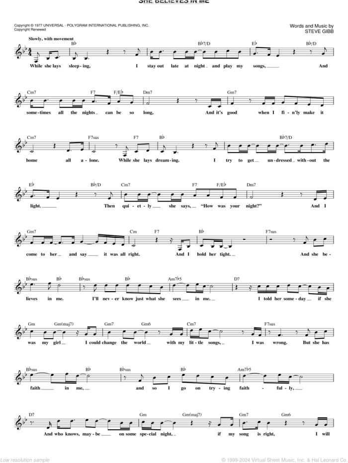 She Believes In Me sheet music for voice and other instruments (fake book) by Kenny Rogers and Steve Gibb, intermediate skill level