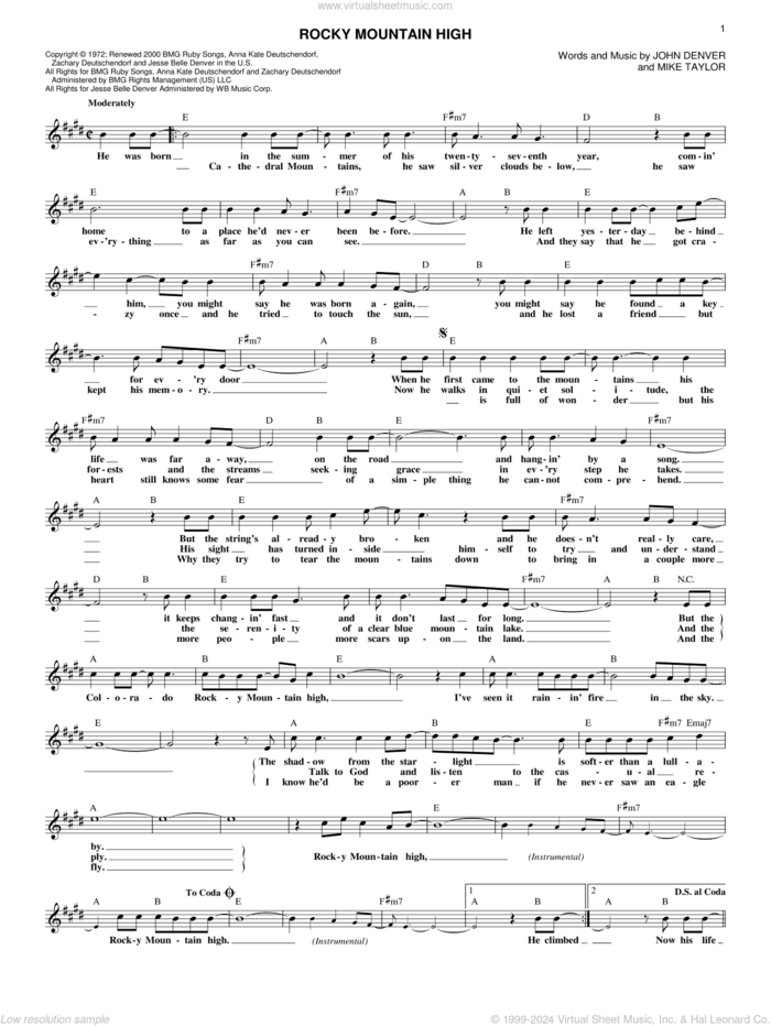 Rocky Mountain High sheet music for voice and other instruments (fake book) by John Denver and Mike Taylor, intermediate skill level