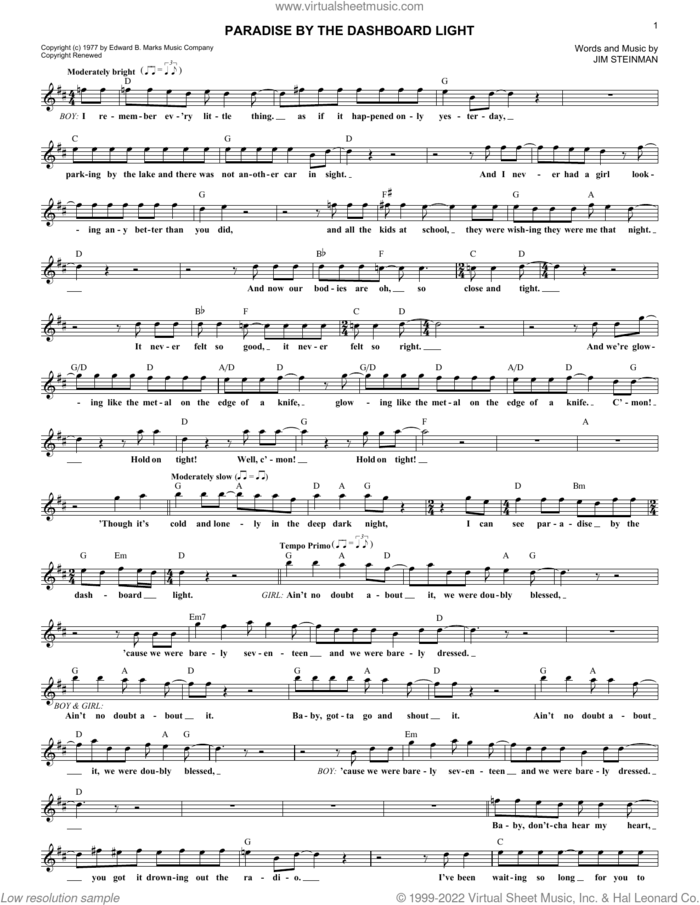 Paradise By The Dashboard Light sheet music for voice and other instruments (fake book) by Jim Steinman and Meat Loaf, intermediate skill level