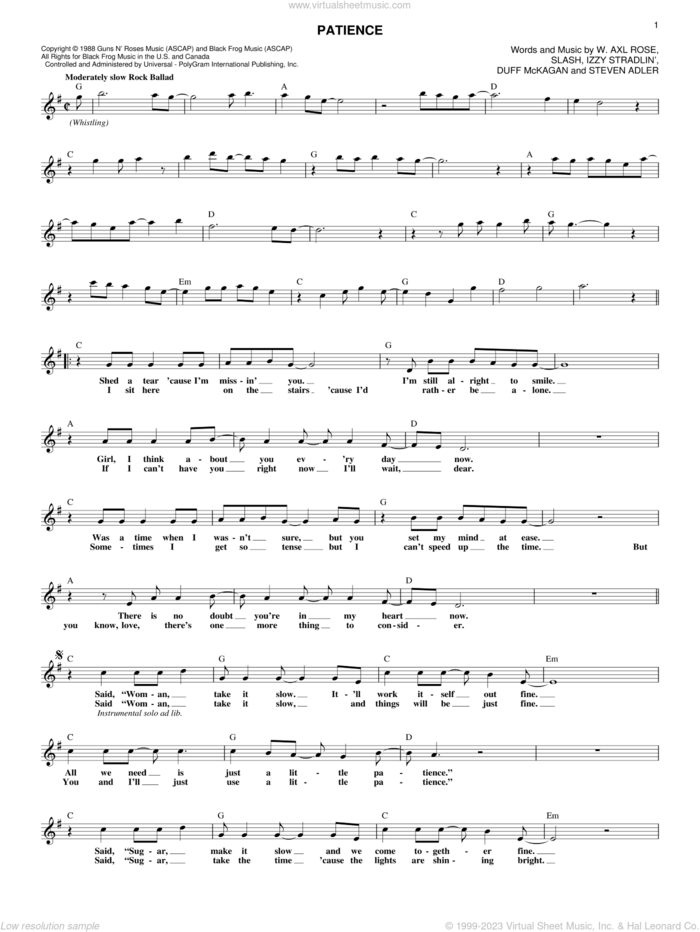 Patience sheet music for voice and other instruments (fake book) by Guns N' Roses, Axl Rose, Duff McKagan, Slash and Steven Adler, intermediate skill level
