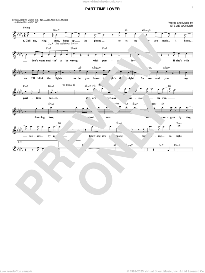 Part Time Lover sheet music for voice and other instruments (fake book) by Stevie Wonder, intermediate skill level