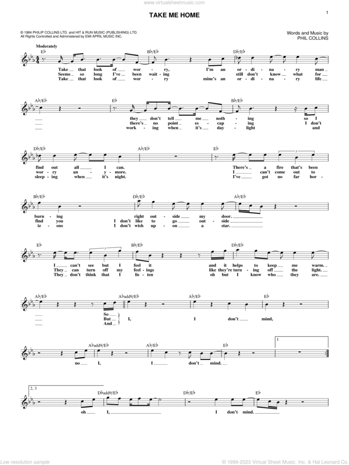 Take Me Home sheet music for voice and other instruments (fake book) by Phil Collins, intermediate skill level