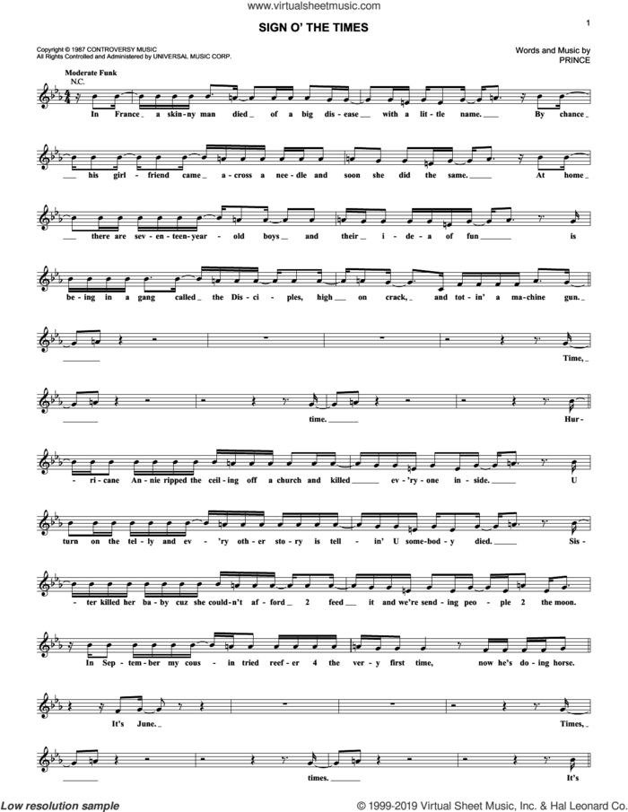 Sign O' The Times sheet music for voice and other instruments (fake book) by Prince, intermediate skill level