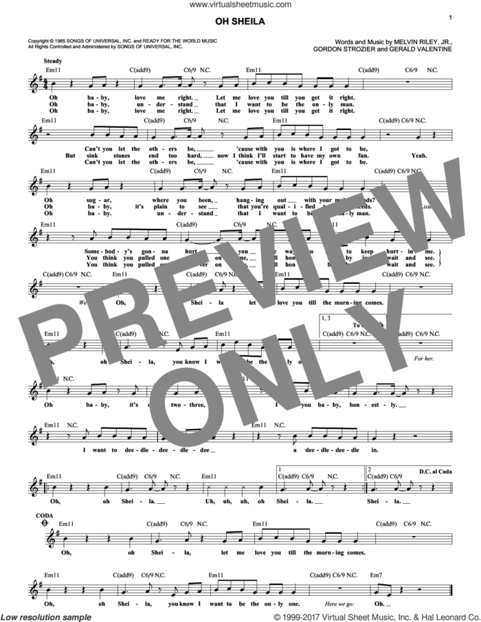 Oh Sheila sheet music for voice and other instruments (fake book) by Ready For The World, Gerald Valentine, Gordon Strozier and Melvin Riley Jr., intermediate skill level