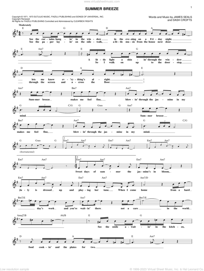 Summer Breeze sheet music for voice and other instruments (fake book) by Seals & Crofts, Dash Crofts and James Seals, intermediate skill level