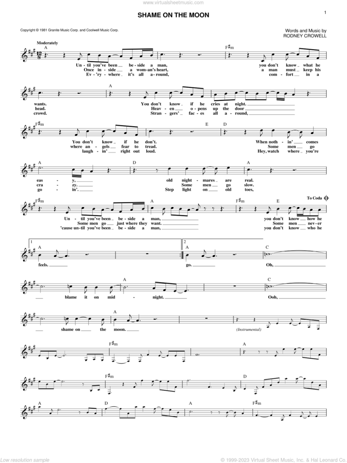Shame On The Moon sheet music for voice and other instruments (fake book) by Bob Seger and Rodney Crowell, intermediate skill level