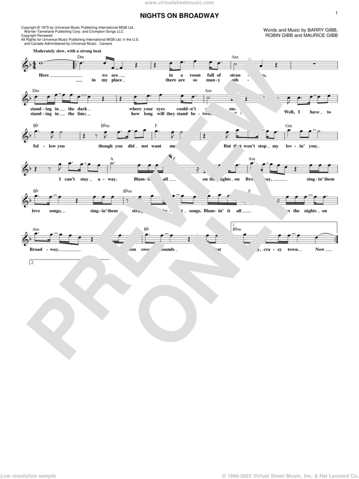 Nights On Broadway sheet music for voice and other instruments (fake book) by Bee Gees, Barry Gibb, Maurice Gibb and Robin Gibb, intermediate skill level