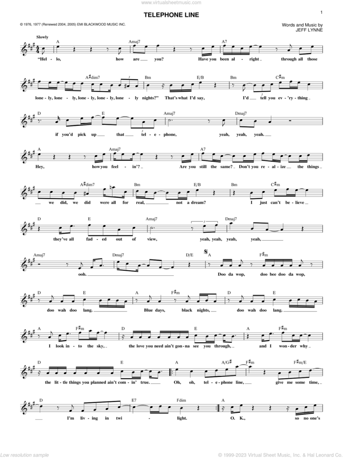 Telephone Line sheet music for voice and other instruments (fake book) by Electric Light Orchestra and Jeff Lynne, intermediate skill level