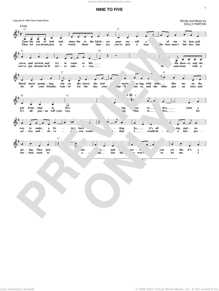 Nine To Five sheet music for voice and other instruments (fake book) by Dolly Parton, intermediate skill level