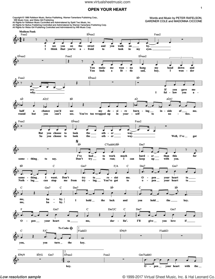 Open Your Heart sheet music for voice and other instruments (fake book) by Madonna, Gardner Cole and Peter Rafelson, intermediate skill level