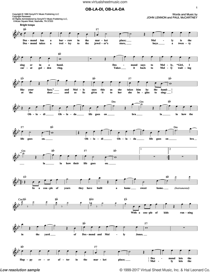 Ob-La-Di, Ob-La-Da sheet music for voice and other instruments (fake book) by The Beatles, John Lennon and Paul McCartney, intermediate skill level