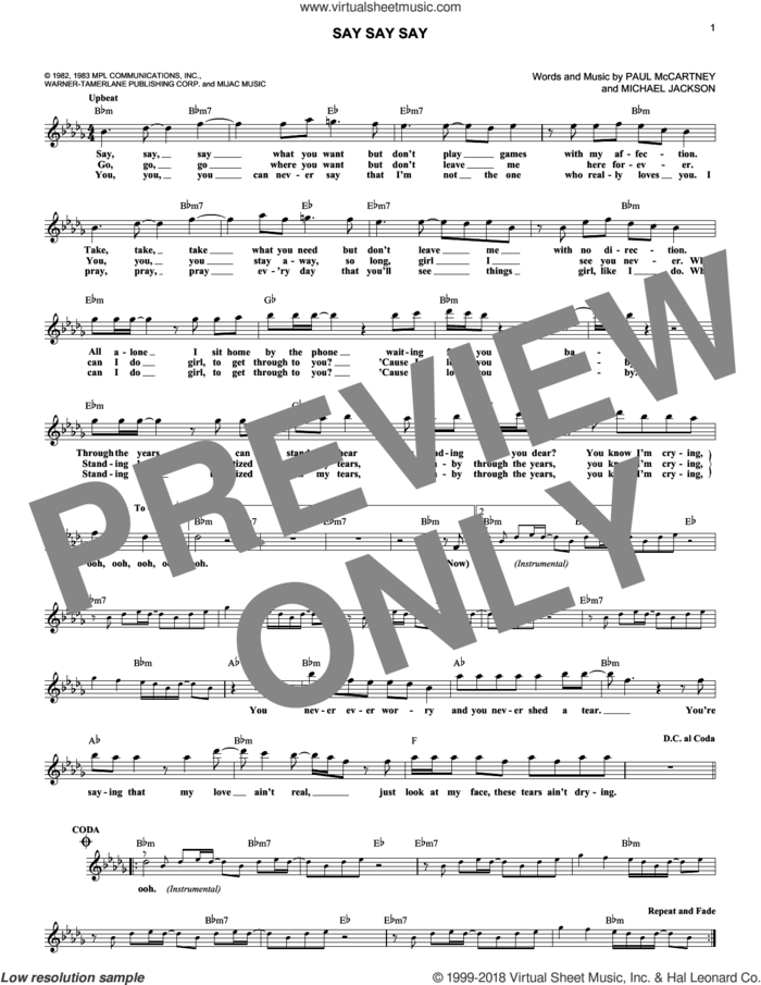 Say Say Say sheet music for voice and other instruments (fake book) by Paul McCartney, Paul McCartney and Michael Jackson and Michael Jackson, intermediate skill level