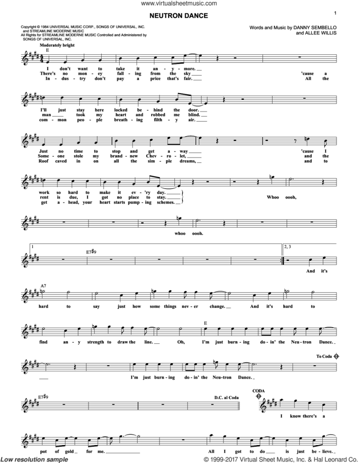 Neutron Dance sheet music for voice and other instruments (fake book) by Allee Willis, The Pointer Sisters and Danny Sembello, intermediate skill level