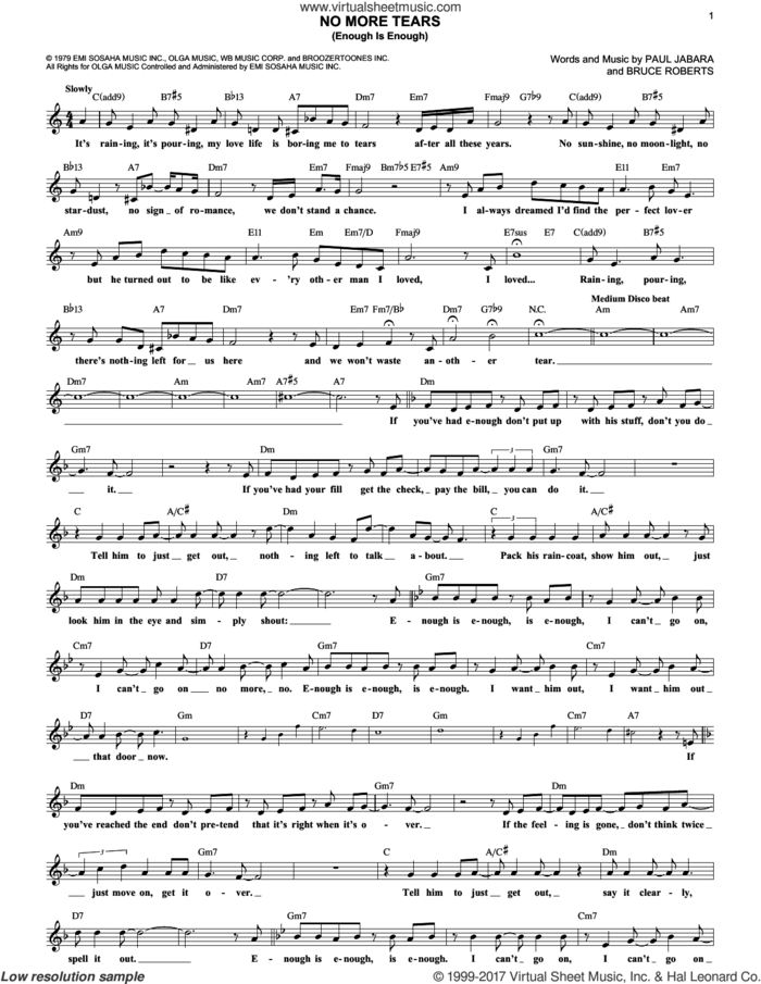 No More Tears (Enough Is Enough) sheet music for voice and other instruments (fake book) by Donna Summer, Barbra Streisand and Donna Summer, Bruce Roberts and Paul Jabara, intermediate skill level