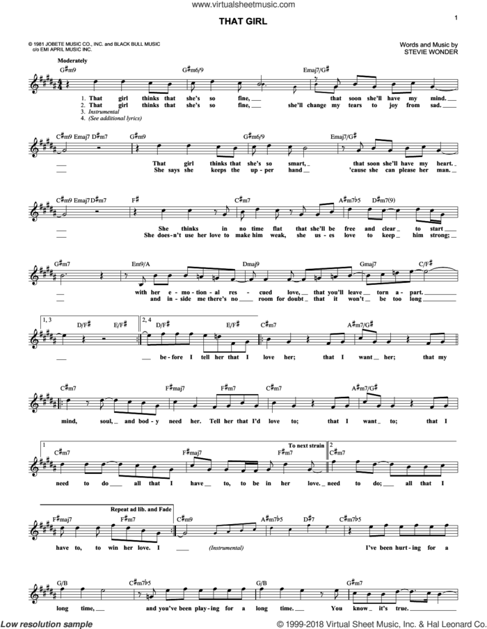 That Girl sheet music for voice and other instruments (fake book) by Stevie Wonder, intermediate skill level