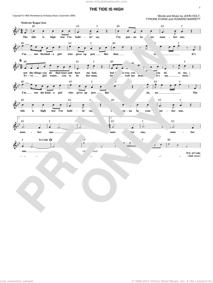 The Tide Is High sheet music for voice and other instruments (fake book) by Blondie, Howard Barrett, John Holt and Tyrone Evans, intermediate skill level