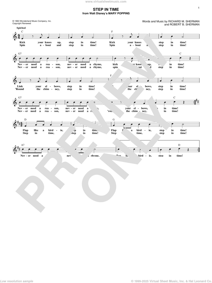 Step In Time (from Mary Poppins) sheet music for voice and other instruments (fake book) by Sherman Brothers, Richard M. Sherman and Robert B. Sherman, intermediate skill level