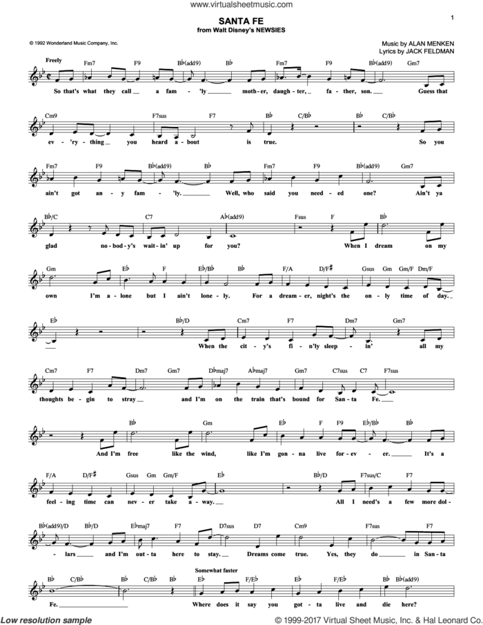 Santa Fe sheet music for voice and other instruments (fake book) by Alan Menken and Jack Feldman, intermediate skill level