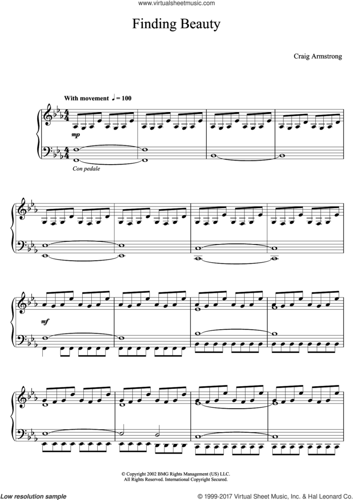 Finding Beauty sheet music for piano solo by Craig Armstrong, intermediate skill level