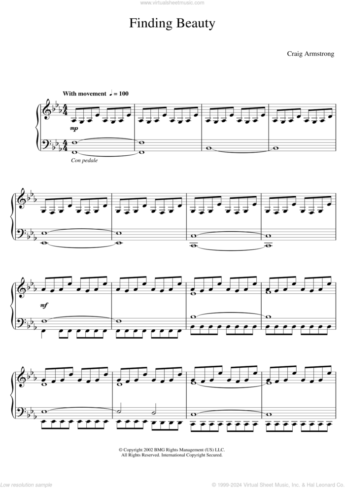 Finding Beauty sheet music for piano solo by Craig Armstrong, intermediate skill level