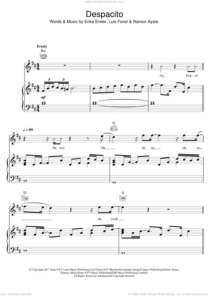 Despacito sheet music for voice, piano or guitar by Luis Fonsi, Daddy Yankee, Luis Fonsi & Daddy Yankee, Luis Fonsi & Daddy Yankee feat. Justin Bieber, Erika Ender and Ramon Ayala, intermediate skill level