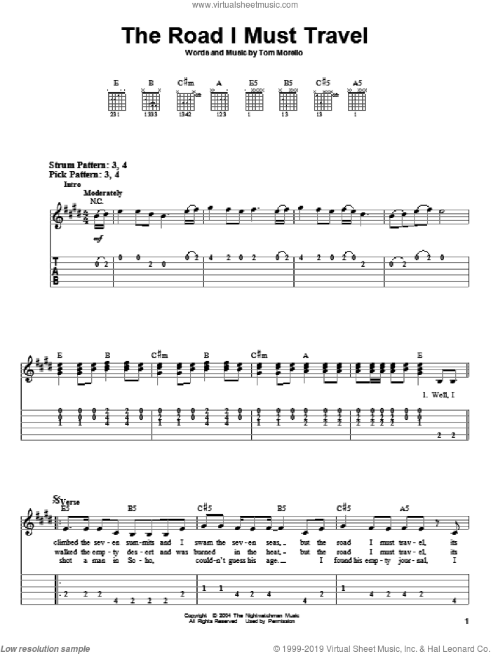The Road I Must Travel sheet music for guitar solo (easy tablature) by The Nightwatchman and Tom Morello, easy guitar (easy tablature)