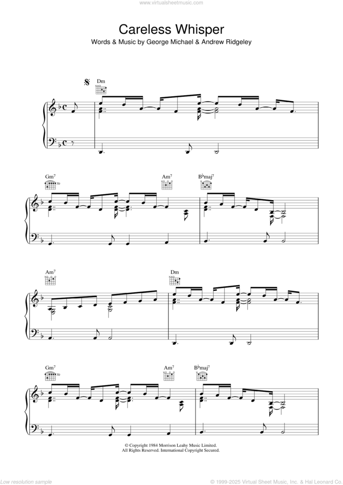 Careless Whisper sheet music for voice, piano or guitar by George Michael and Andrew Ridgeley, intermediate skill level