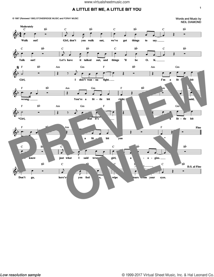 A Little Bit Me, A Little Bit You sheet music for voice and other instruments (fake book) by The Monkees and Neil Diamond, intermediate skill level