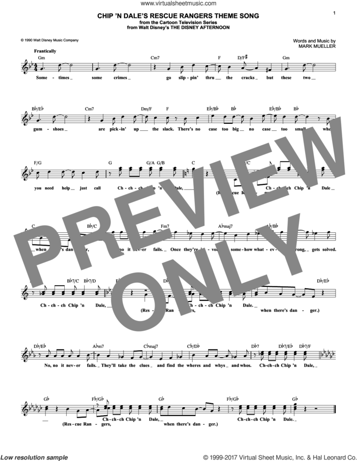 Chip 'N Dale's Rescue Rangers Theme Song sheet music for voice and other instruments (fake book) by Mark Mueller, intermediate skill level