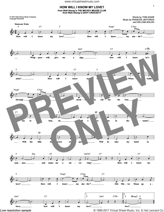 How Will I Know My Love? sheet music for voice and other instruments (fake book) by Tom Adair, Frances Jeffords and William Walsh, intermediate skill level