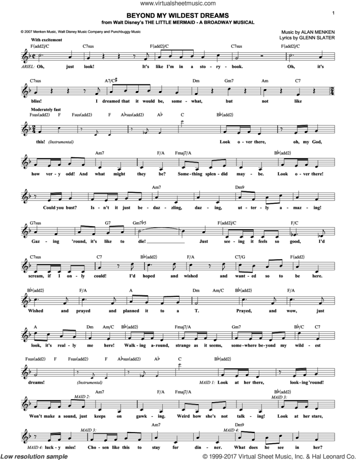 Beyond My Wildest Dreams sheet music for voice and other instruments (fake book) by Alan Menken and Glenn Slater, intermediate skill level