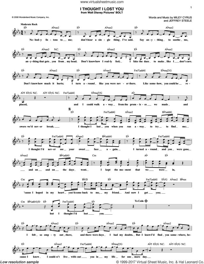 I Thought I Lost You sheet music for voice and other instruments (fake book) by Miley Cyrus and Jeffrey Steele, intermediate skill level
