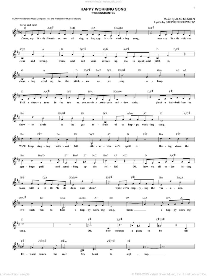 Happy Working Song (from Enchanted) sheet music for voice and other instruments (fake book) by Amy Adams, Alan Menken and Stephen Schwartz, intermediate skill level