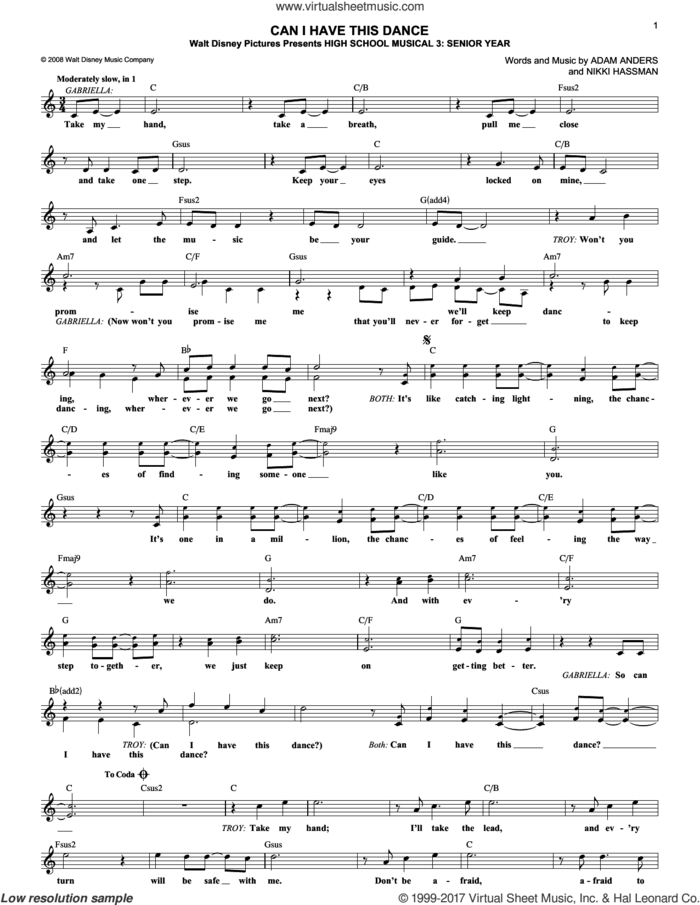 Can I Have This Dance sheet music for voice and other instruments (fake book) by Nikki Hassman, Zac Efron and Vanessa Anne Hudgens and Adam Anders, intermediate skill level