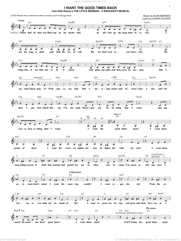 I Want The Good Times Back sheet music for voice and other instruments (fake book) by Glenn Slater and Alan Menken, intermediate skill level