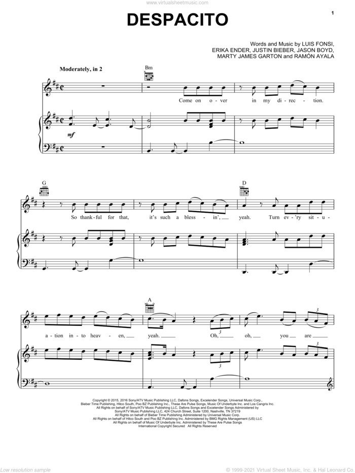 Despacito sheet music for voice, piano or guitar by Luis Fonsi & Daddy Yankee feat. Justin Bieber, Erika Ender, Luis Fonsi and Ramon Ayala, intermediate skill level